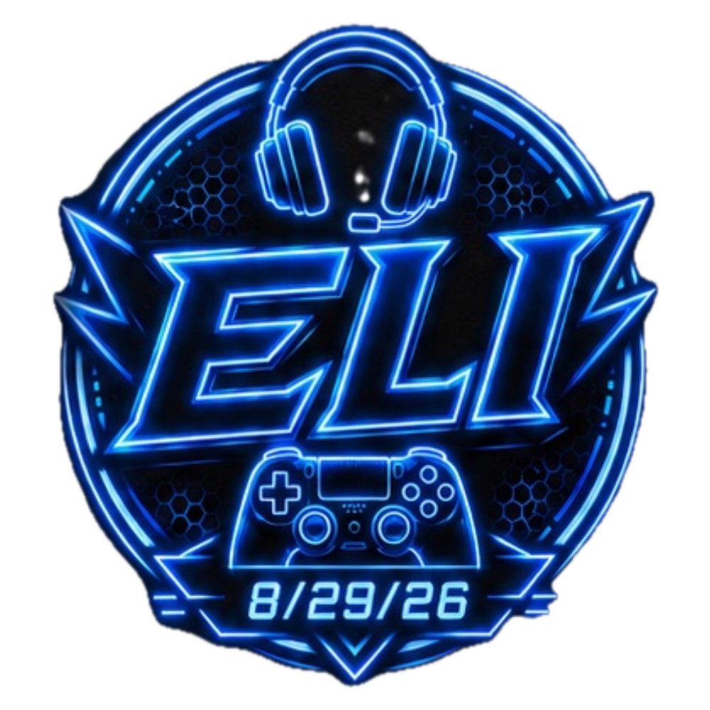 Eli's badge artwork, neon blue gaming design