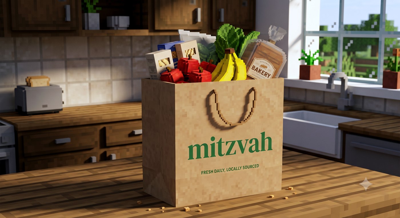 A grocery bag full of fresh food, styled in a blocky pixel-art look, sitting on a kitchen counter